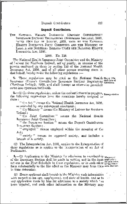 The National Health Insurance (Deposit Contributors Insurance Section) Regulations (Northern Ireland) 1939