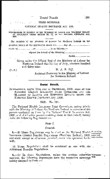 The National Health Insurance (Dental Benefit) Regulations (Northern Ireland) 1939