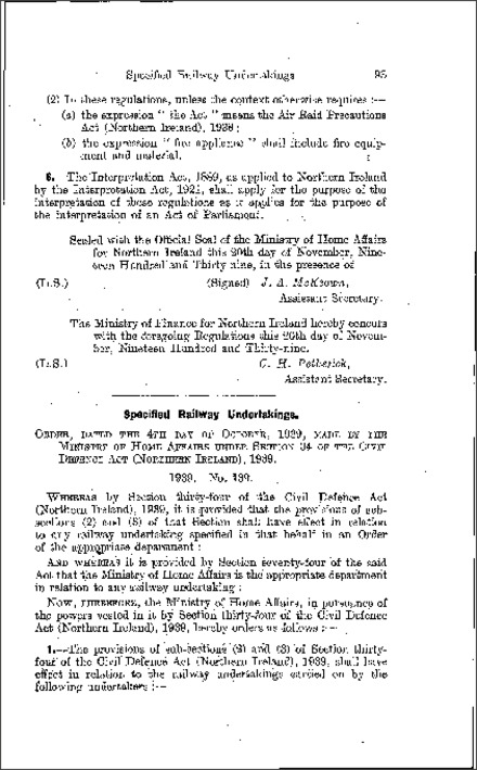 The Civil Defence (Specified Railway Undertakings) Order (Northern Ireland) 1939