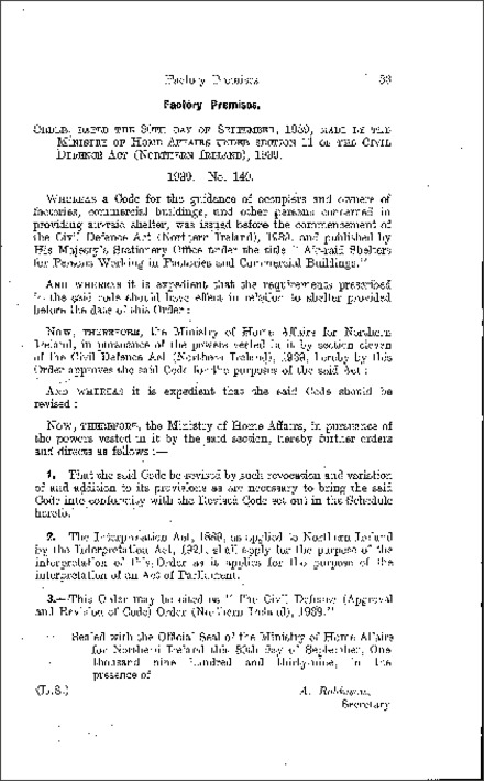 The Civil Defence (Approval and Revision of Code) Order (Northern Ireland) 1939
