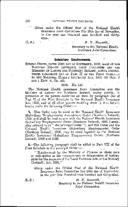 The National Health Insurance (Subsidiary Employments) Amendment Order (Northern Ireland) 1939
