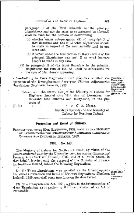 The Unemployment Assistance (Prevention and Relief of Distress) Regulations (Northern Ireland) 1939