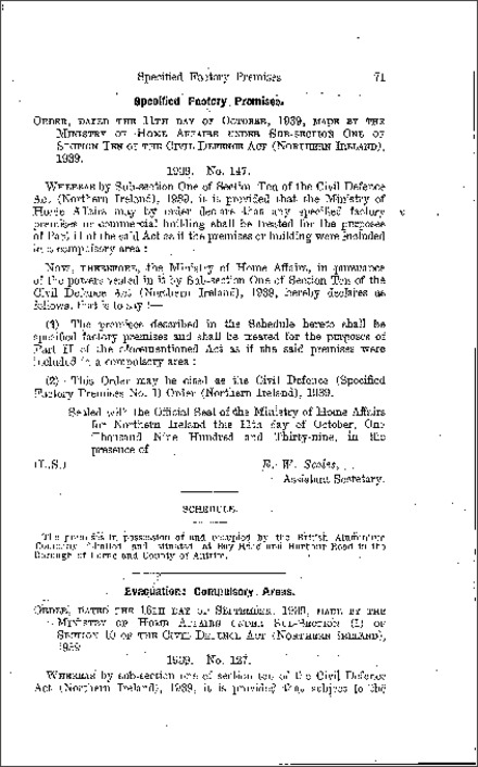 The Civil Defence (Specified Factory Premises No. 1) Order (Northern Ireland) 1939