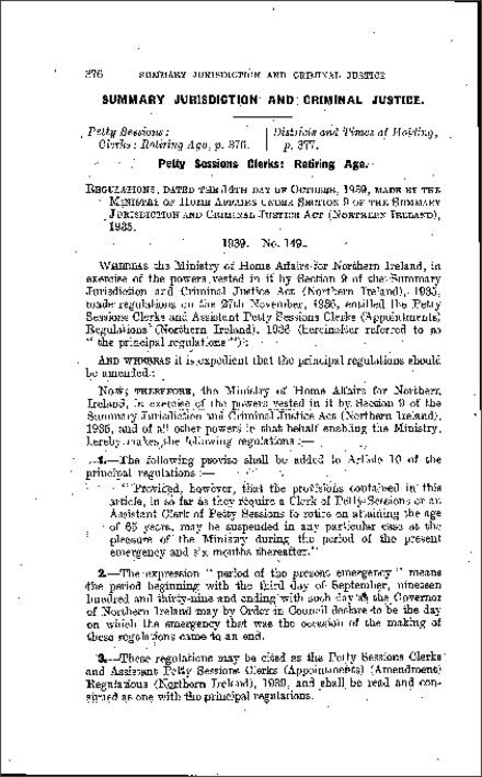 The Petty Sessions Clerks and Assistant Petty Sessions Clerks (Appointments) (Amendment) Regulations (Northern Ireland) 1939