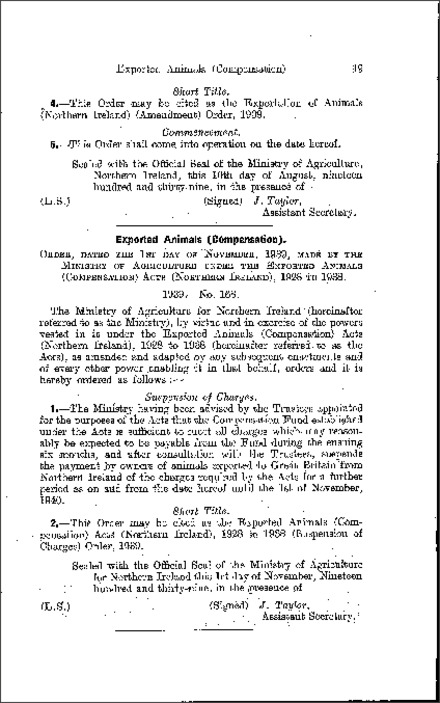 The Exported Animals (Compensation) (Suspension of Charges) Order (Northern Ireland) 1939
