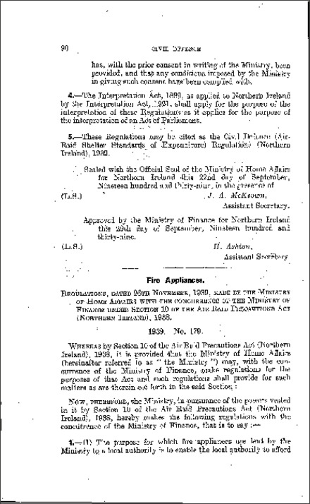 The Air Raid Precautions (Loan of Fire Appliances) Regulations (Northern Ireland) 1939