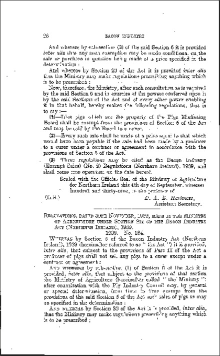 The Bacon Industry (Exempt Sales) (No. 3) Regulations (Northern Ireland) 1939