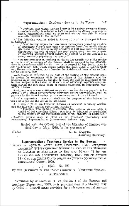 The Teachers' Superannuation (Service in the Reserve and Auxiliary Forces) Scheme (Northern Ireland) 1939