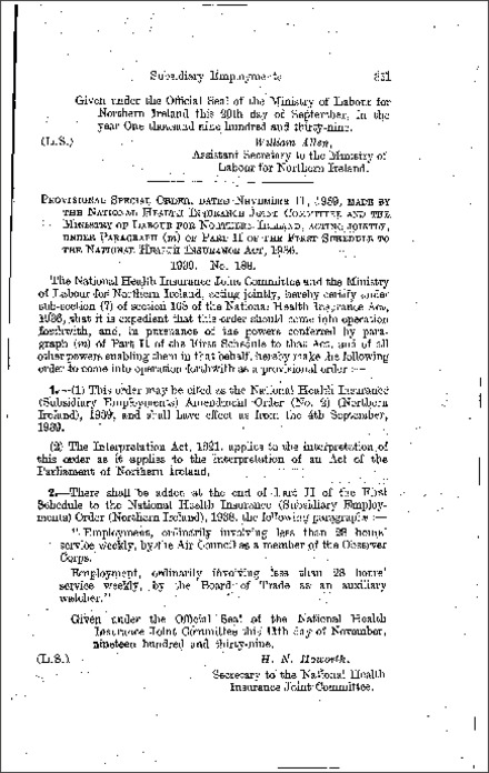 The National Health Insurance (Subsidiary Employments) Amendment (No. 2) Order (Northern Ireland) 1939