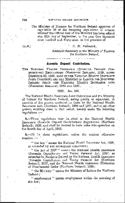 The National Health Insurance (Juvenile Deposit Contributors) Regulations (Northern Ireland) 1939