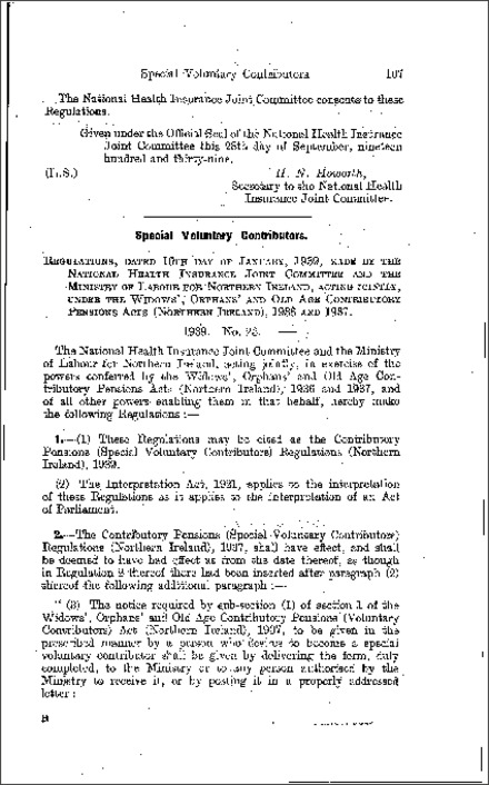 The Contributory Pensions (Special Voluntary Contributors) Regulations (Northern Ireland) 1939