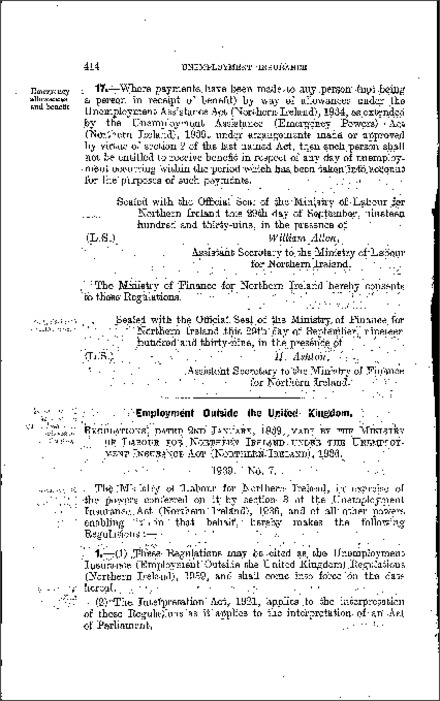 The Unemployment Insurance (Employment Outside the UK) Regulations (Northern Ireland) 1939