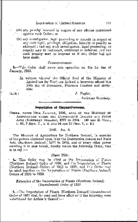 The Importation of Plants Order (Northern Ireland) 1939