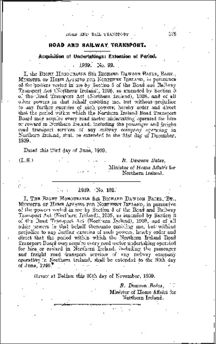 The Road and Railway Transport: Acquisition of Undertakings: Extension of Period Order (Northern Ireland) 1939