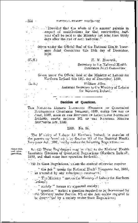 The National Health Insurance (Decision of Questions) Regulations (Northern Ireland) 1939