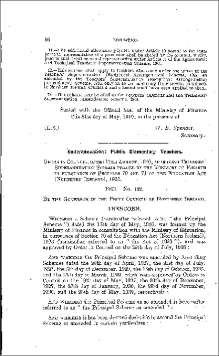 The Teachers' (Public Elementary) Superannuation (Amendment) Scheme (Northern Ireland) 1940