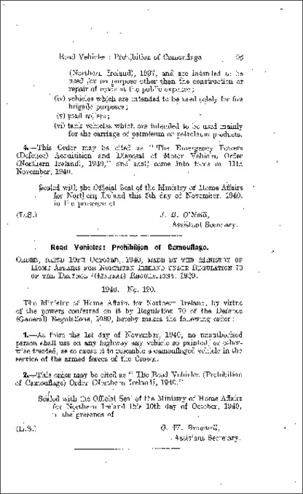 The Road Vehicles (Prohibition of Camouflage) Order (Northern Ireland) 1940