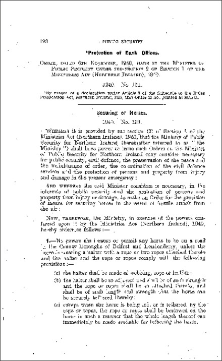 The Public Security (Securing of Horses) Order (Northern Ireland) 1940