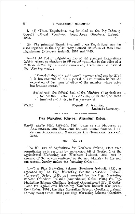 The Pigs Marketing Scheme (Amendment) Order (Northern Ireland) 1940