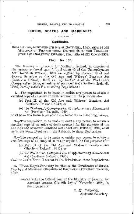 The Certificates of Births, Deaths and Marriages (Requisition) Regulations (Northern Ireland) 1940