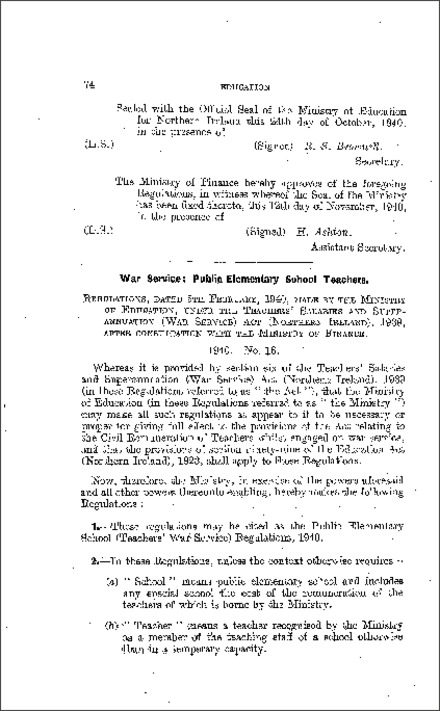 The Public Elementary School (Teachers' War Service) Regulations (Northern Ireland) 1940