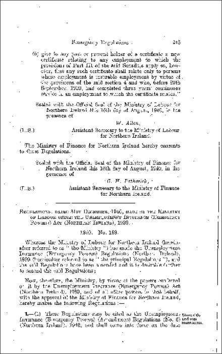 The Unemployment Insurance (Emergency Powers) (Amendment) (No. 6) Regulations (Northern Ireland) 1940