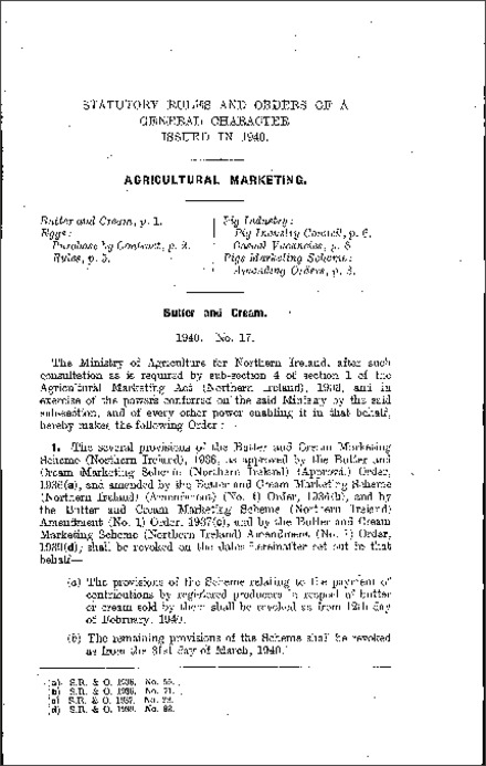 The Butter and Cream Marketing Scheme (Revocation) Order (Northern Ireland) 1940