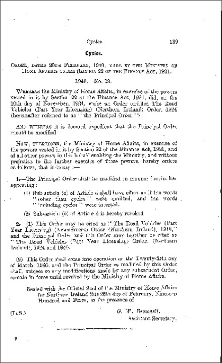 The Road Vehicles (Part Year Licensing) (Amendment) Order (Northern Ireland) 1940