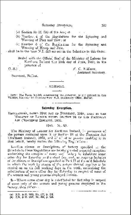 The Factories (Saturday Exception) Regulations (Northern Ireland) 1940