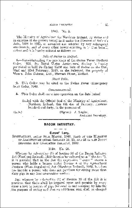 The Bacon Industry (Curers' Levy) Regulations (Northern Ireland) 1940