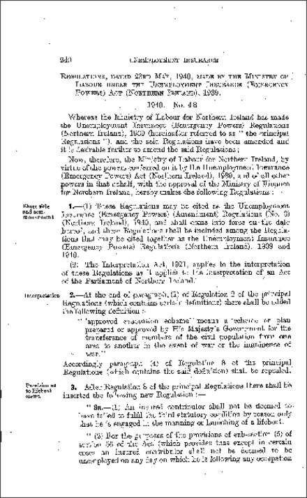 The Unemployment Insurance (Emergency Powers) (Amendment) (No. 3) Regulations (Northern Ireland) 1940