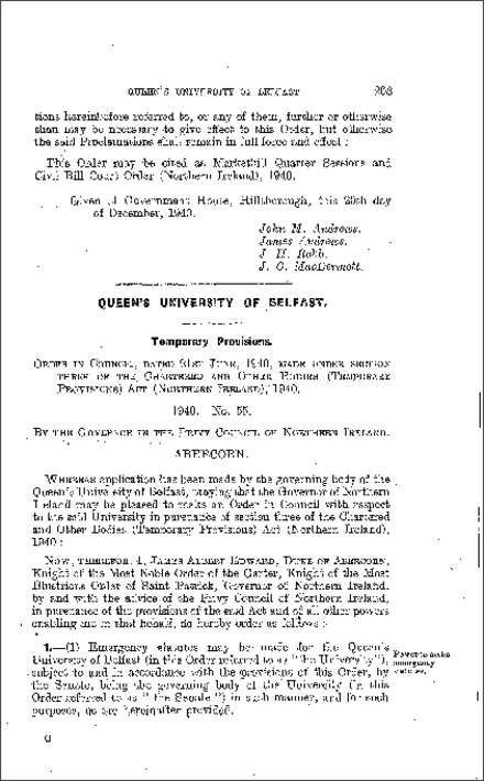 The Queen's University of Belfast (Temporary Provisions) Order (Northern Ireland) 1940