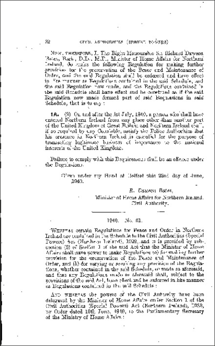 The Civil Authorities (Special Powers) (Persons Entering Northern Ireland) Regulations (Northern Ireland) 1940