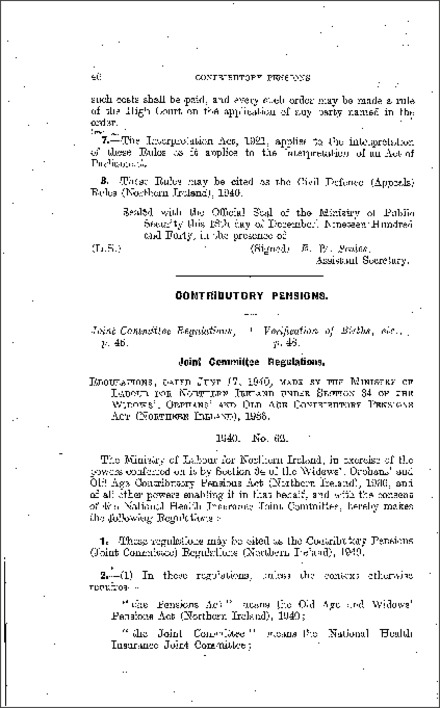 The Contributions Pensions (Joint Committee) Regulations (Northern Ireland) 1940