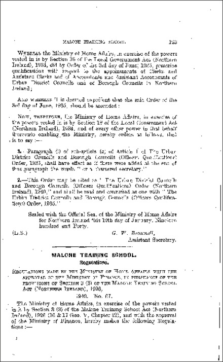 The Malone Training School Regulations (Northern Ireland) 1940