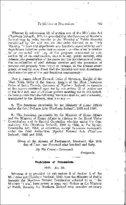 The Public Security (Prohibition of Processions) Order (Northern Ireland) 1940