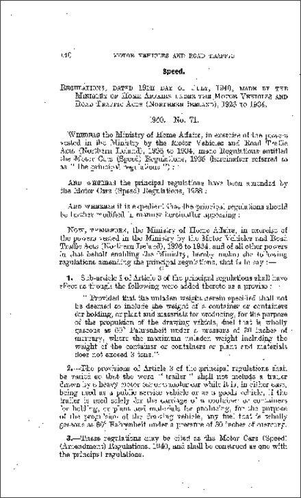The Motor Cars (Speed) (Amendment) Regulations (Northern Ireland) 1940