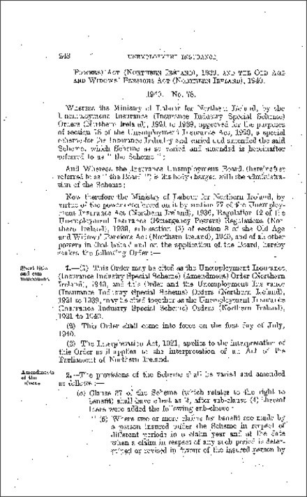 The Unemployment Insurance (Insurance Industry Special Scheme) (Amendment) Order (Northern Ireland) 1940