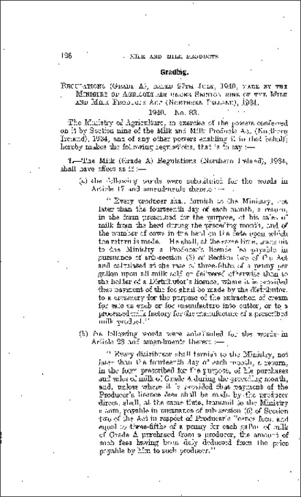 The Milk (Grade A) Regulations (Northern Ireland) 1940