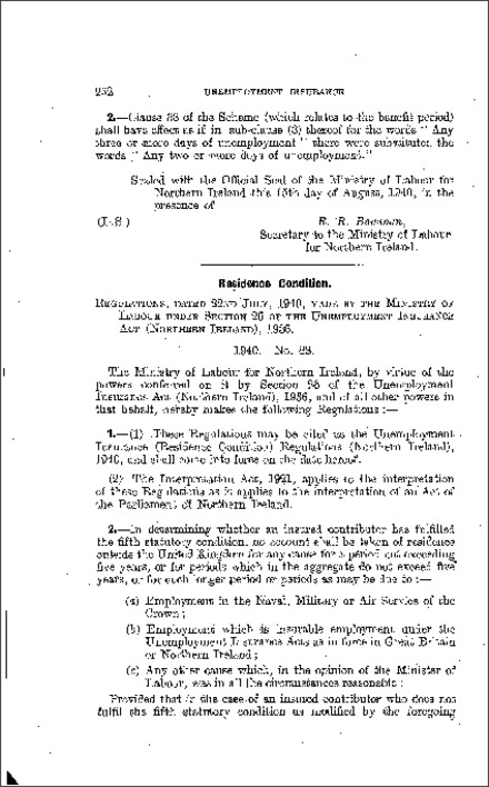 The Unemployment Insurance (Residence Condition) Regulations (Northern Ireland) 1940