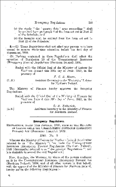 The Unemployment Insurance (Emergency Powers) (Amendment) Regulations (Northern Ireland) 1940