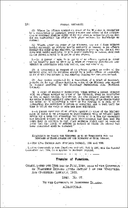 The Ministry of Public Security (Transfer of Functions) Order (Northern Ireland) 1940