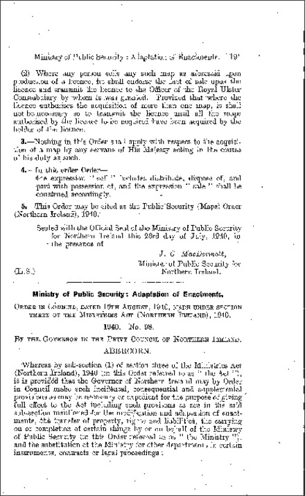 The Ministry of Public Security (Adaptation of Enactments) Order (Northern Ireland) 1940