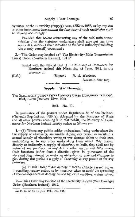The Electricity Supply (War Damage) Order (Northern Ireland) 1941