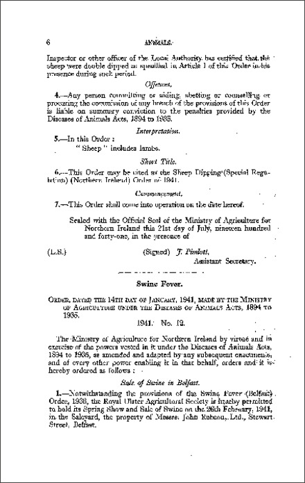 The Swine Fever (Emergency Sale) Order (Northern Ireland) 1941
