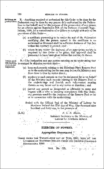 The Exercise of Powers (Appropriate Department) Order (Northern Ireland) 1941