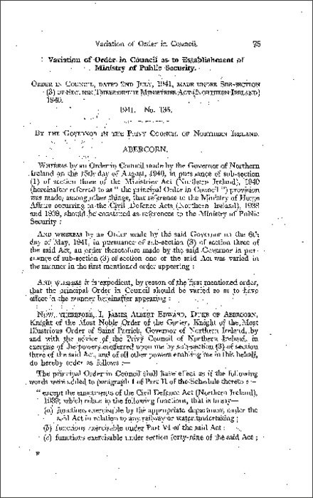 The Variation of Order in Council as to Establishment of Ministry of Public Security Order (Northern Ireland) 1941