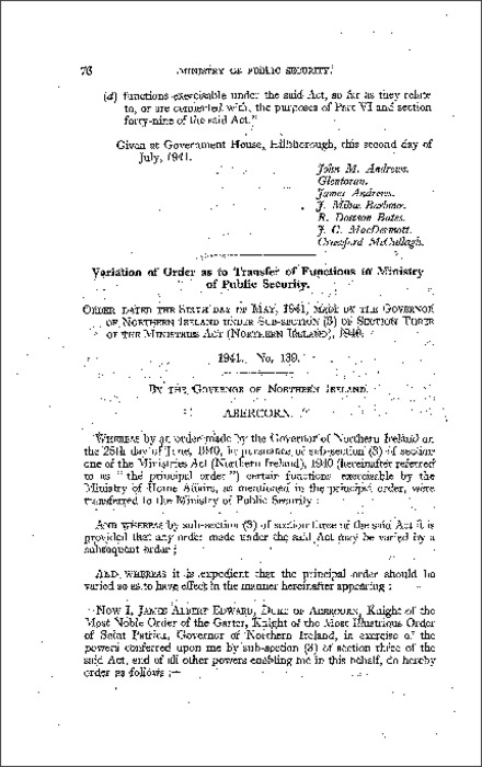 The Ministry of Public Security: Transfer of Functions (Variation) Order (Northern Ireland) 1941