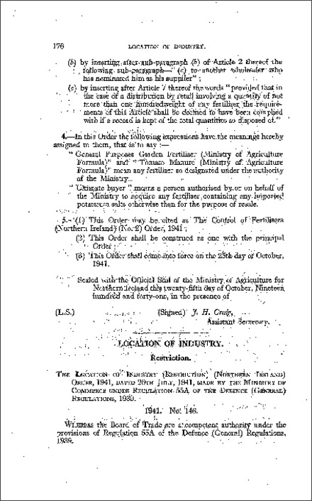 The Location of Industry (Restriction) Order (Northern Ireland) 1941