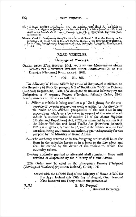The Emergency Powers (Defence) (Carriage of Workers) Order (Northern Ireland) 1941